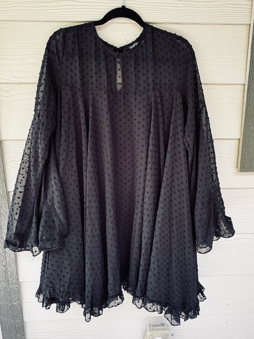 Boohoo black polka dot mesh dress with bell sleeves iUS 12 gothic whimsigoth